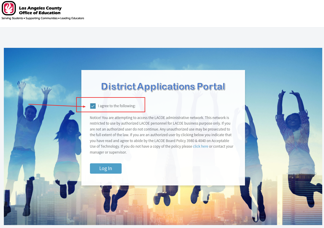 lacoe district apps portal with agreement checkbox