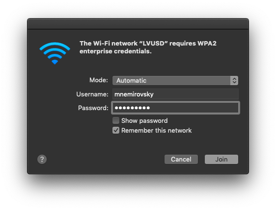 wifi username and password authentication