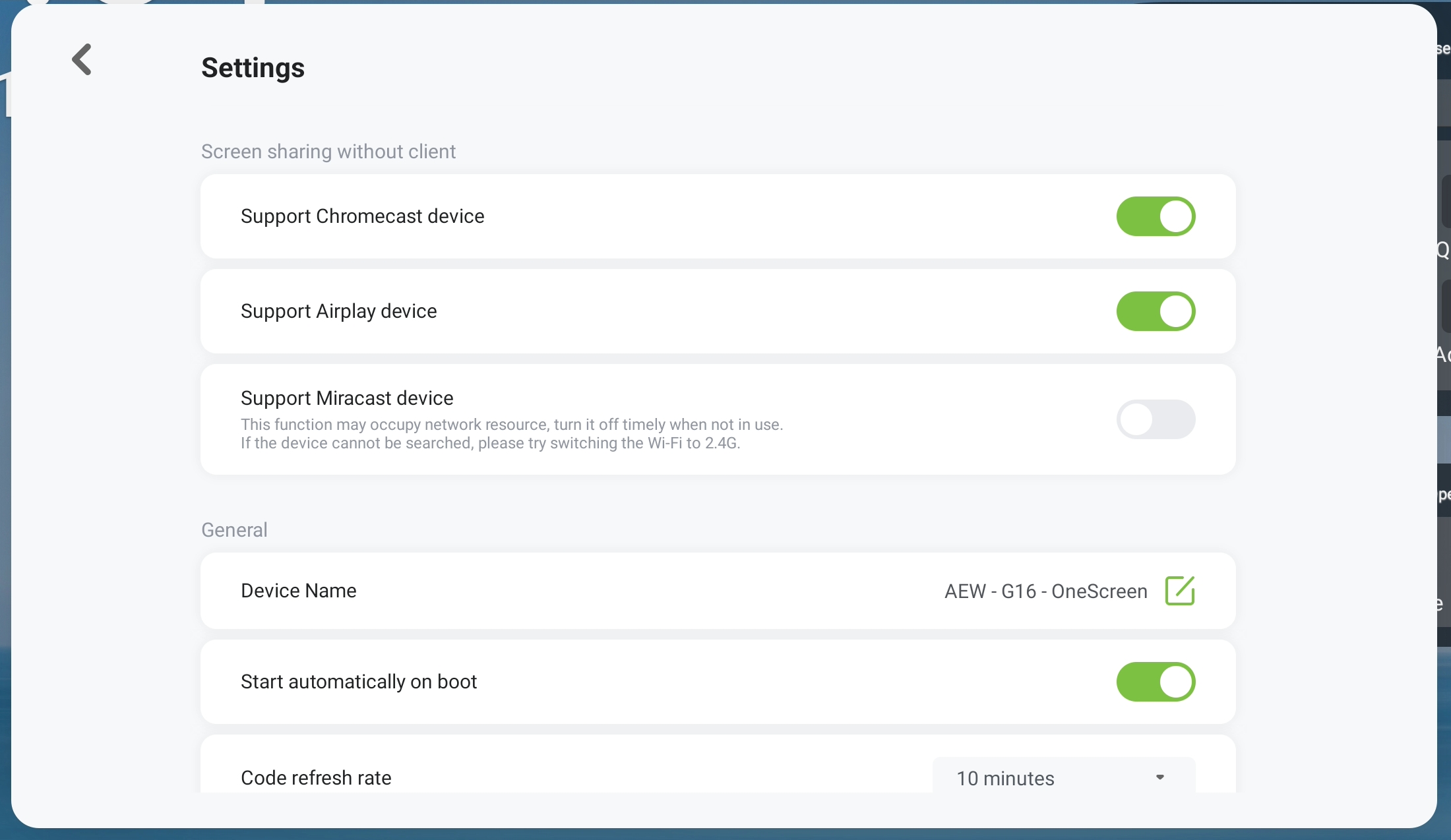 onescreen cast app settings